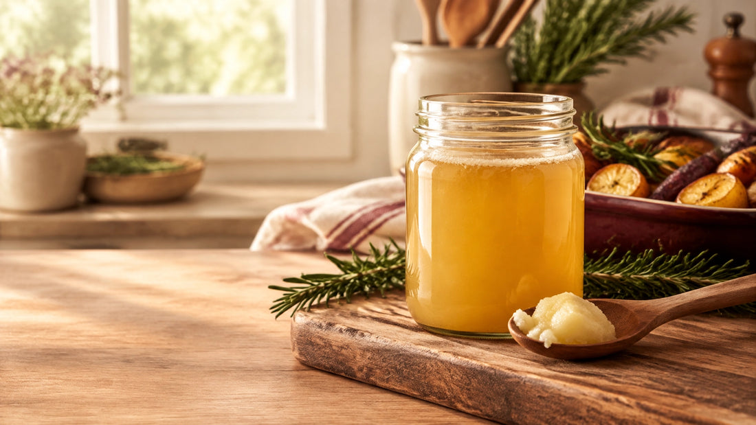 A clear jar of golden halal beef tallow beside a wooden spoon in a warm kitchen