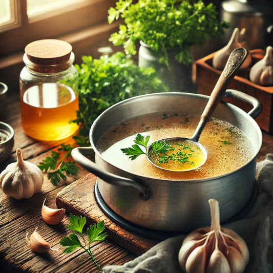 Fresh bone broth simmering in a rustic kitchen with herbs like parsley and garlic, showcasing its clear golden color and gut-healing benefits.