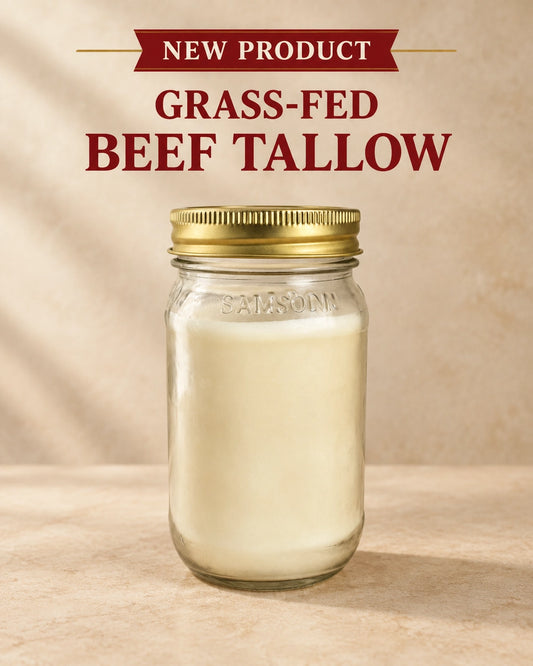 New Samson’s Kitchen Grass-Fed Beef Tallow in a glass jar