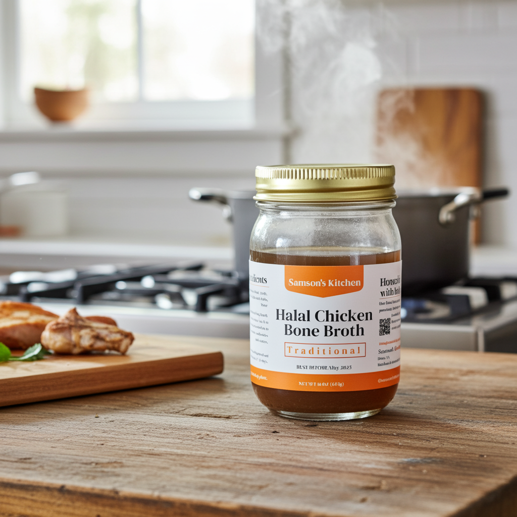 Samson’s Kitchen Halal Chicken Bone Broth in a glass jar
