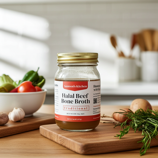 Samson’s Kitchen grass-fed halal beef bone broth in a glass jar