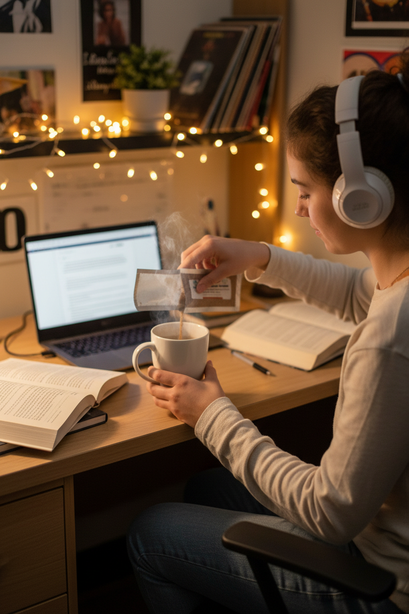Person sitting at a desk with a laptop, books, and a cup broth, wearing headphones.